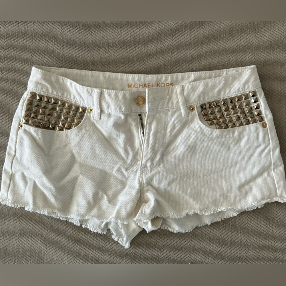 Women’s Michael Kors White Denim Gold Studded Cutoff Shorts